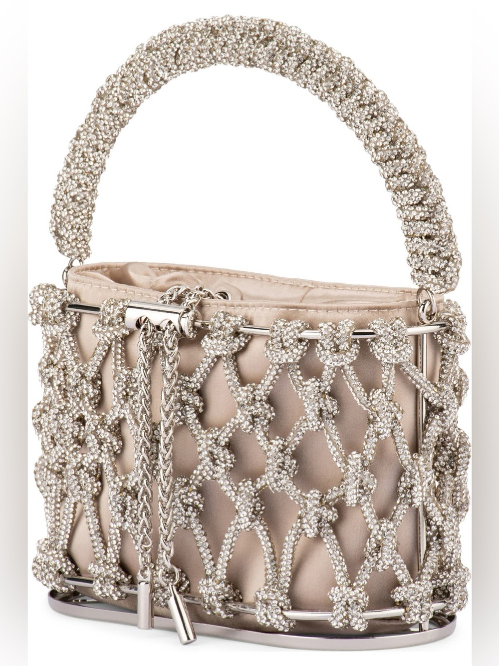 Olga Berg Amelia Crystal Cage Top Handle Silver Crystal Mesh Mini Bag